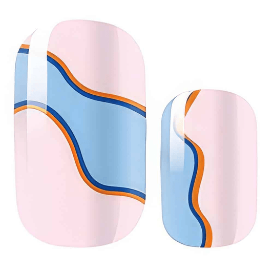 Abstract blue pink orange wave pattern nail wraps with flowing curved design