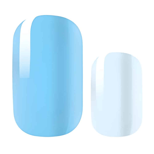Ice blue and white solid colour nail wraps with glossy finish for winter manicures