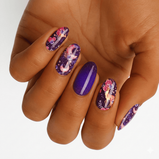 Purple floral nail wraps with enchanted forest deer patterns on hand
