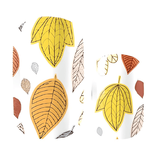 Autumn leaf pattern nail wraps featuring yellow orange botanical designs on white background