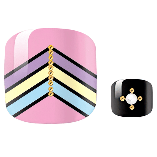 Colourful chevron pedicure nail wraps in pink blue and yellow geometric stripes pattern