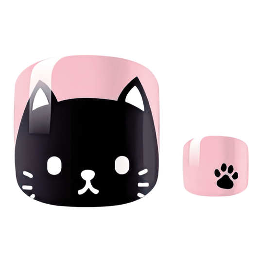 Pink pedicure nail wraps with cute black cat faces and paw print designs