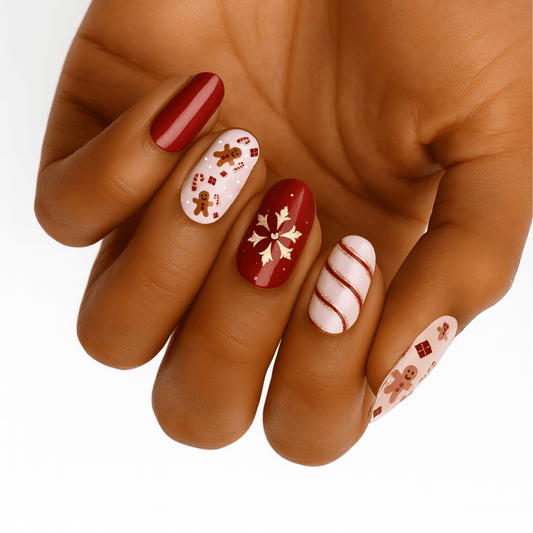 Christmas nail wraps on hand featuring red burgundy white designs with snowflakes and candy cane stripes
