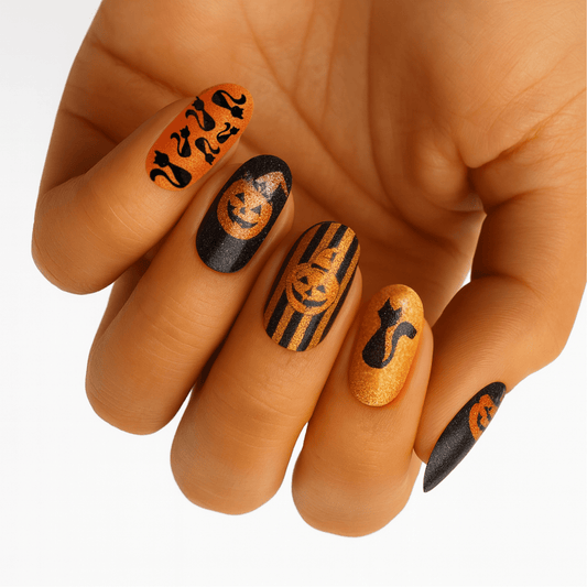 Halloween nail wraps on hand featuring orange glitter pumpkins and black cats on dark base