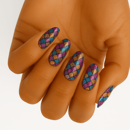 Hand wearing colourful rainbow scale pattern non-UV nail wraps with holographic finish