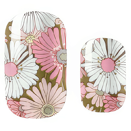Vintage floral nail wraps with pink and white daisy patterns in pressed flower botanical design