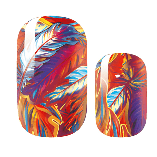 Colourful feather pattern nail wraps with vibrant orange blue gradient design