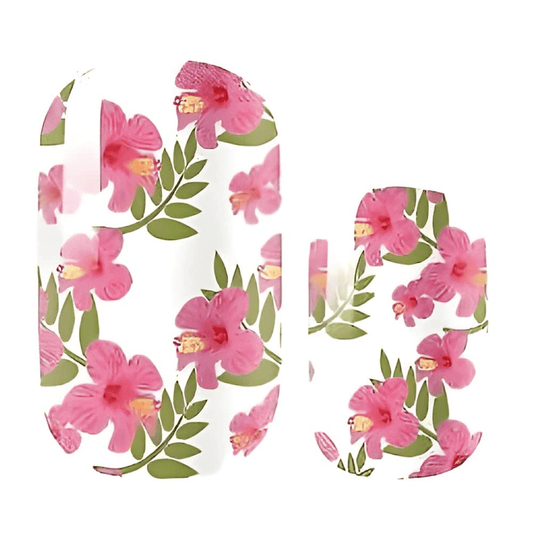 Pink watercolour hibiscus floral non-UV nail wraps with green leaves botanical design