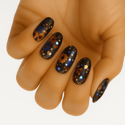 Dark floral nail wraps with gold glitter dots on hand showing autumn flower nail art