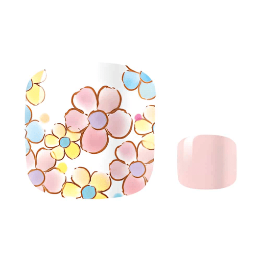 Pastel daisy floral pedicure nail wraps in pink blue yellow cottagecore design