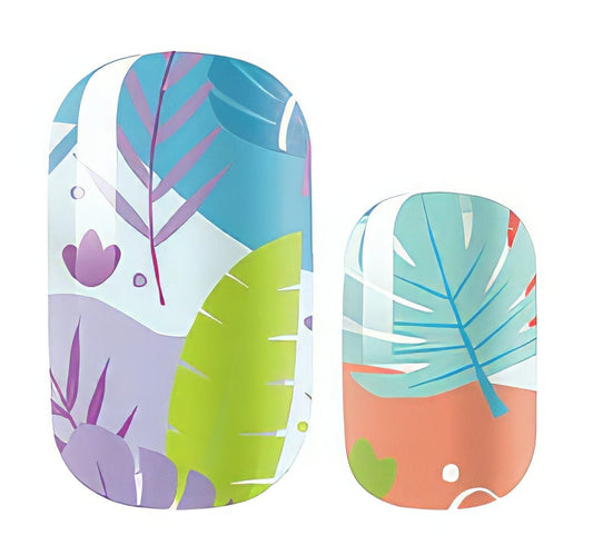 Tropical leaf pattern nail wraps featuring blue, green, purple and coral botanical designs