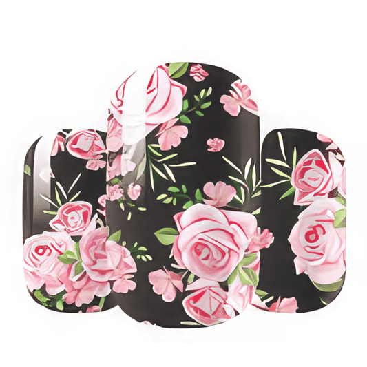 Black nail wraps with pink roses floral pattern for at-home manicure