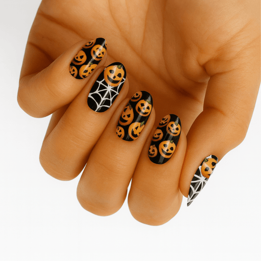 Hand wearing Halloween pumpkin nail wraps with black orange jack-o'-lantern spider web design