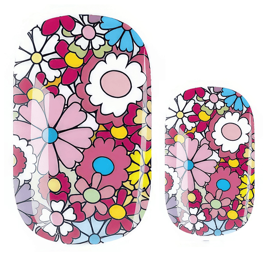 Retro groovy flower nail wraps with pink blue yellow daisy pattern design
