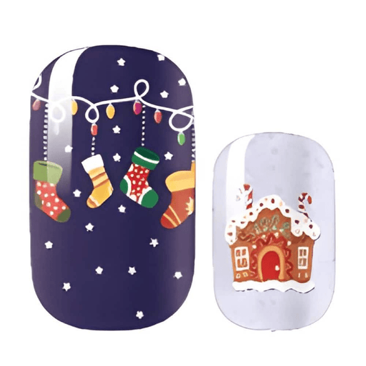 Navy blue Christmas nail wraps with festive stockings and gingerbread house designs