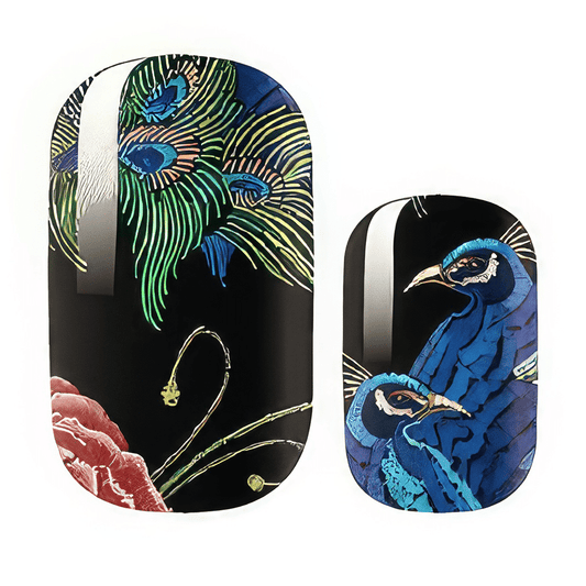 Peacock feather nail wraps with blue and green artistic design on black background