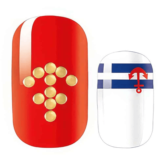 Red nautical nail wrap with gold anchor studs and blue striped sailor design nail art