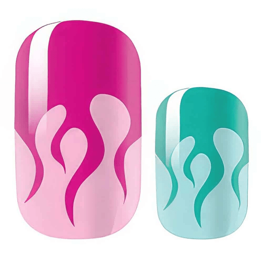Pink and teal flame pattern nail wraps with gradient ombre design for at-home manicure