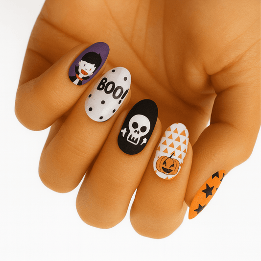 Hand wearing Halloween nail wraps featuring skull, ghost, BOO text and orange pumpkin designs