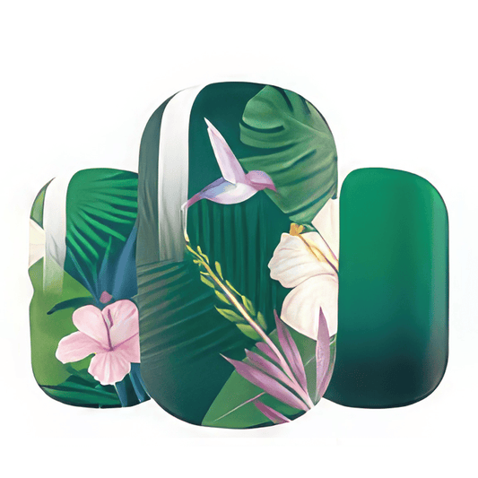 Tropical green nail wraps with pink hummingbird and hibiscus flower pattern for at-home manicure