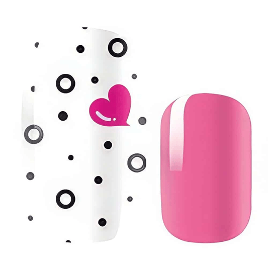 Pink heart and polka dot nail art design with solid pink nail showing romantic pattern