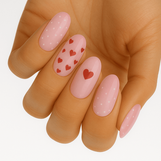 Pink gradient nail wraps with red hearts on hand showing romantic Valentine's nail art design