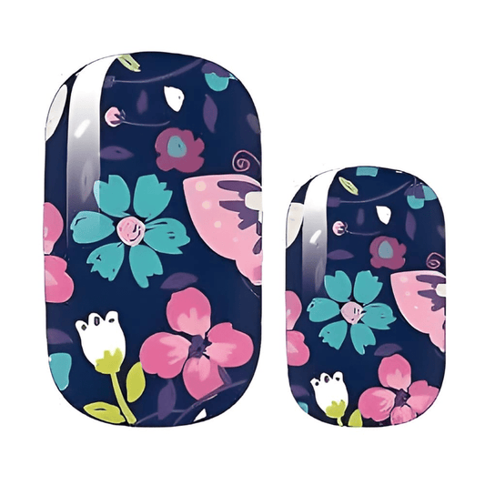 Navy floral nail wraps featuring pink and blue flowers on dark background botanical design