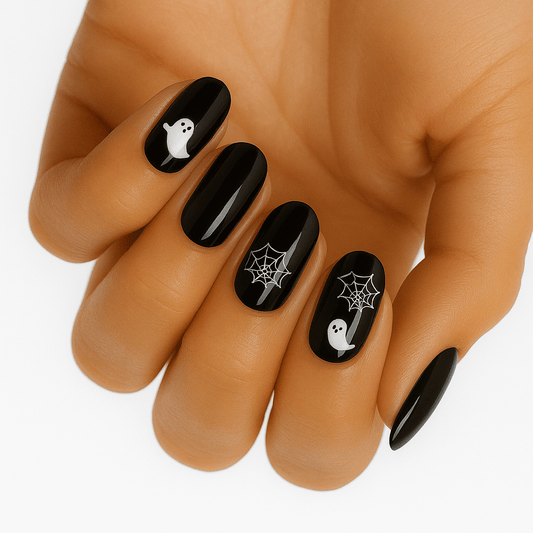Black Halloween nail wraps on hand featuring white ghosts and spider web spooky nail art