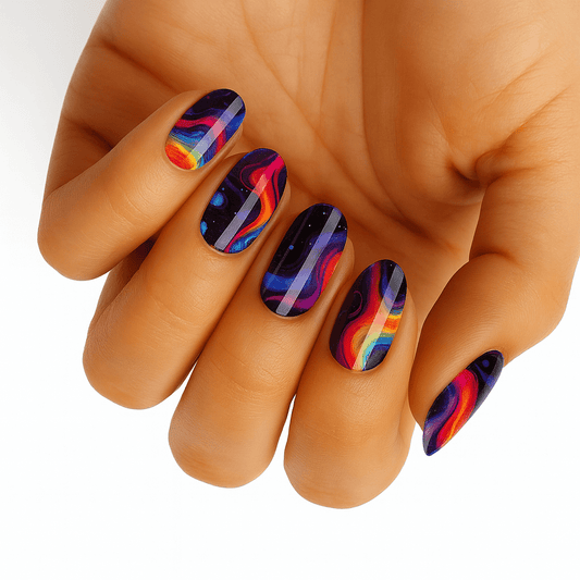 Hand displaying colourful rainbow swirl nail wraps with vibrant abstract patterns on fingertips
