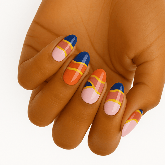 Geometric colour block nail wraps in pink coral navy blue retro design