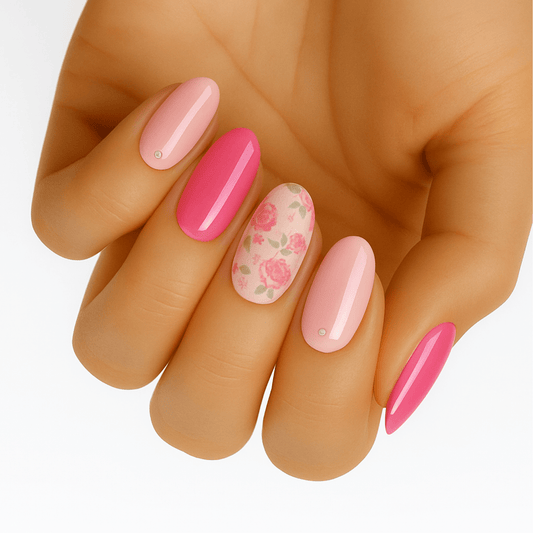 Pink nail wraps with rose floral pattern on hand showing glossy feminine manicure