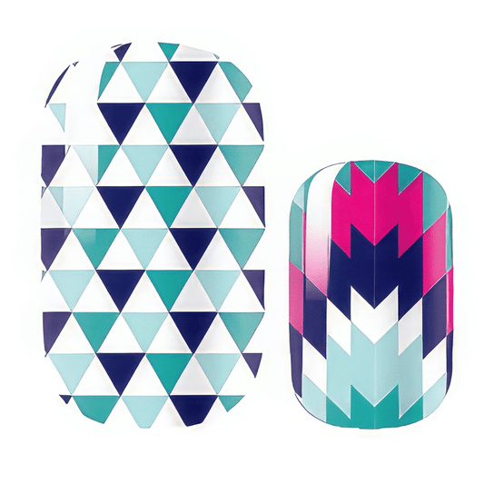 Geometric nail wraps featuring navy blue triangles and pink chevron patterns