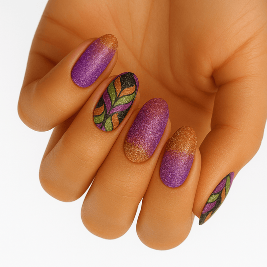 Purple shimmer ombre nail wraps with botanical leaf pattern on hand