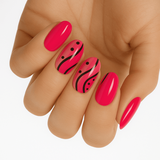 Hot pink glossy nails on hand with black swirl pattern nail art