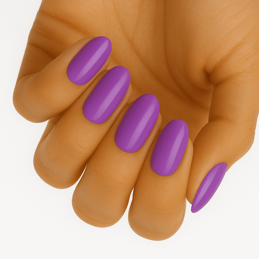 Purple lavender glossy nail wraps on hand showing elegant manicure finish