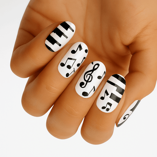 Black and white musical note nail wraps with piano key design on hand