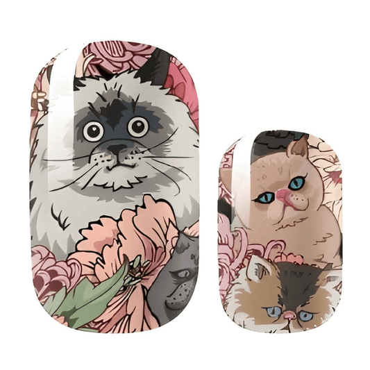 Illustrated cat nail wraps featuring cute kittens with pink floral botanical design patterns