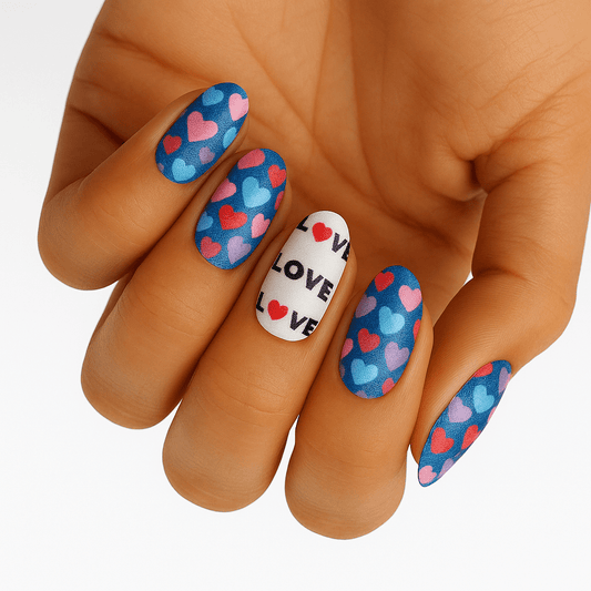 Blue heart pattern nail wraps with love typography on hand showing Valentine's manicure