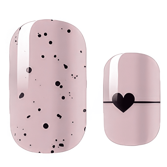 Pink nail wraps with black polka dots and heart design non-UV gel nail art