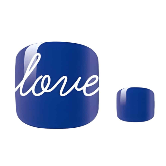 Royal blue pedicure nail wraps with white love script design for toenails