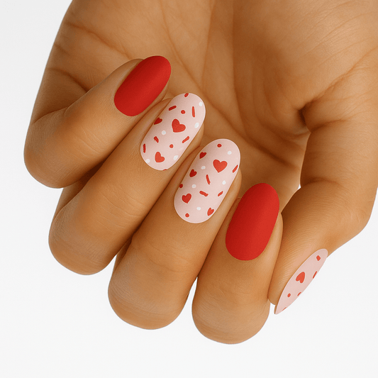 Red and pink heart pattern nail wraps on hand showing Valentine's Day manicure design