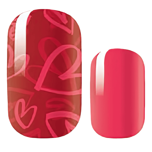 Red gradient nail wraps with heart script pattern for romantic manicure design