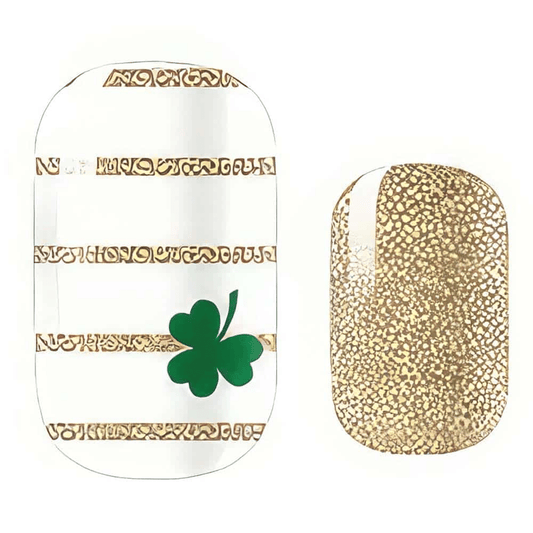 White non-UV nail wraps with green shamrocks and gold Celtic patterns for Irish celebration