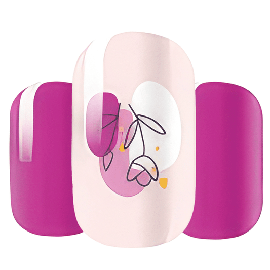 Magenta and pink nail wraps with minimalist line art floral design for elegant manicure