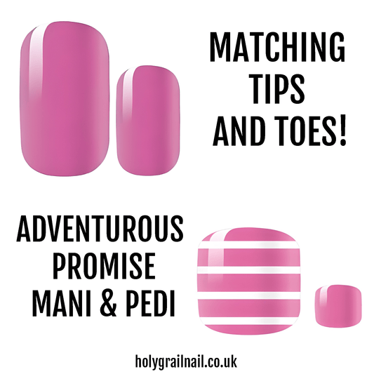 Pink and white striped gel nail wraps set for matching manicure and pedicure