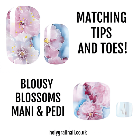Watercolour floral nail wraps in pink and blue tones for matching tips and toes