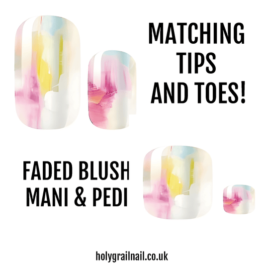 Pastel watercolour nail wraps in soft pink and blue ombre fade matching manicure pedicure