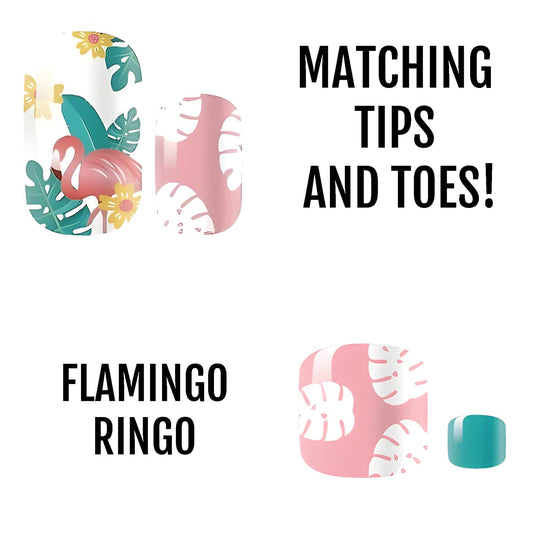 Tropical nail wraps featuring palm leaves on coral pink with teal accent matching set