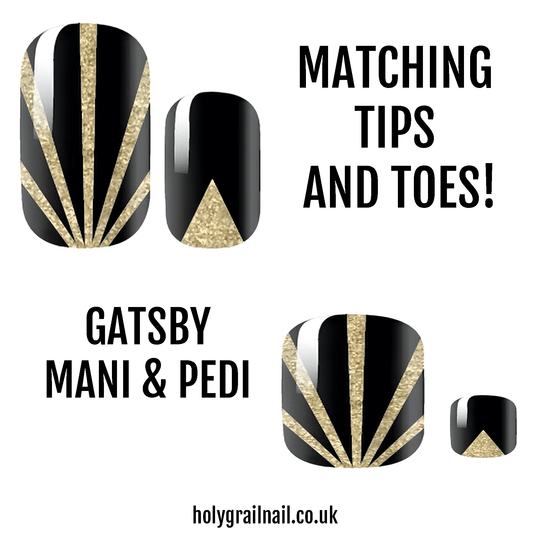Black and gold art deco sunburst nail wraps matching manicure and pedicure set