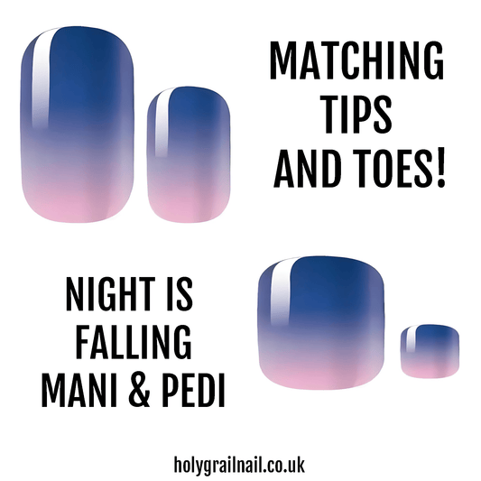 Blue to pink gradient ombre gel nail wraps for matching manicure and pedicure